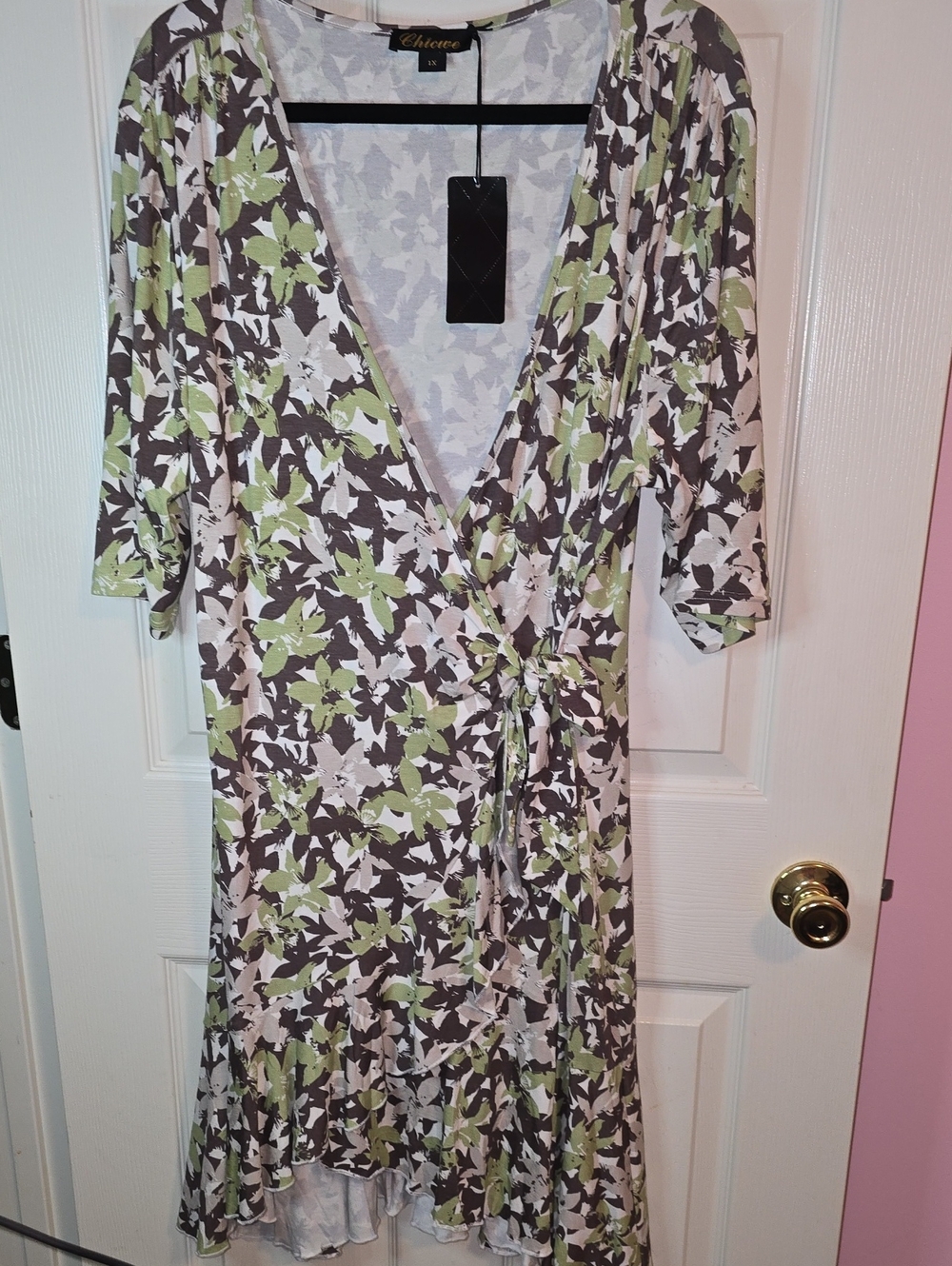 chic Green, Brown & White Floral Midi Wrap Dress